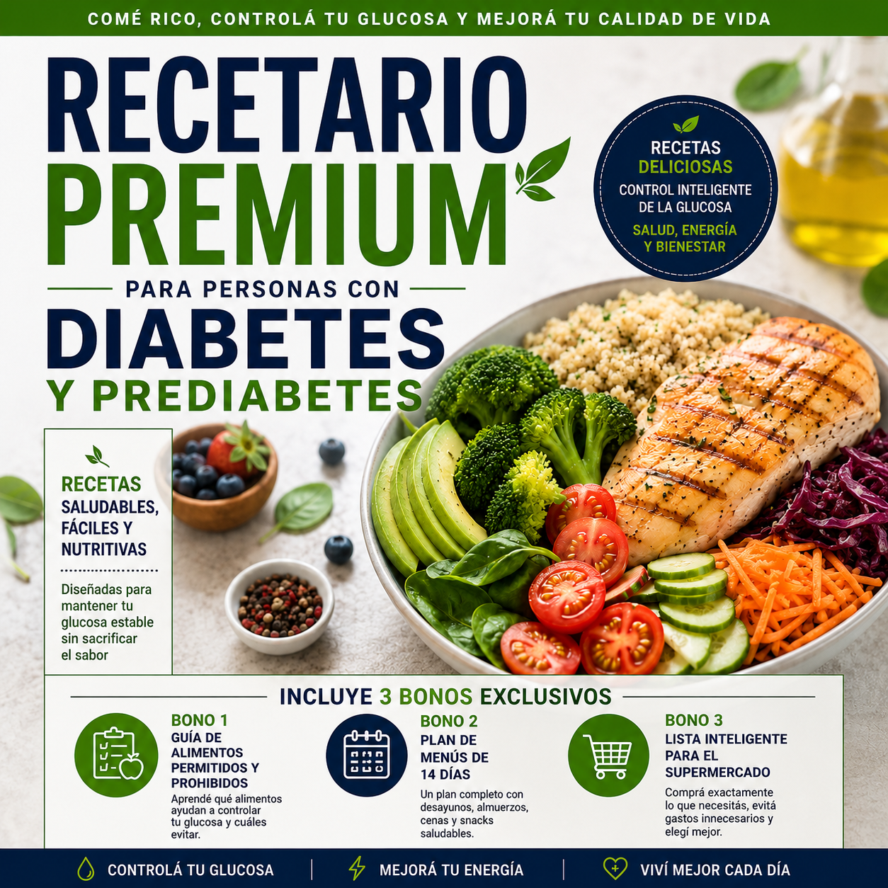 Recetario Premium para Diabetes y Prediabetes + 3 Bonos Exclusivos: Controla tu Glucosa